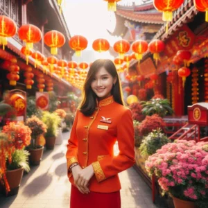 Cabin crew with CNY Deco